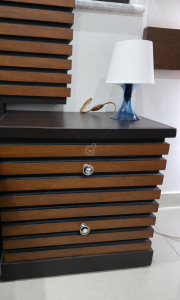 King size bed frame with slats, 2 side tables, and mattress